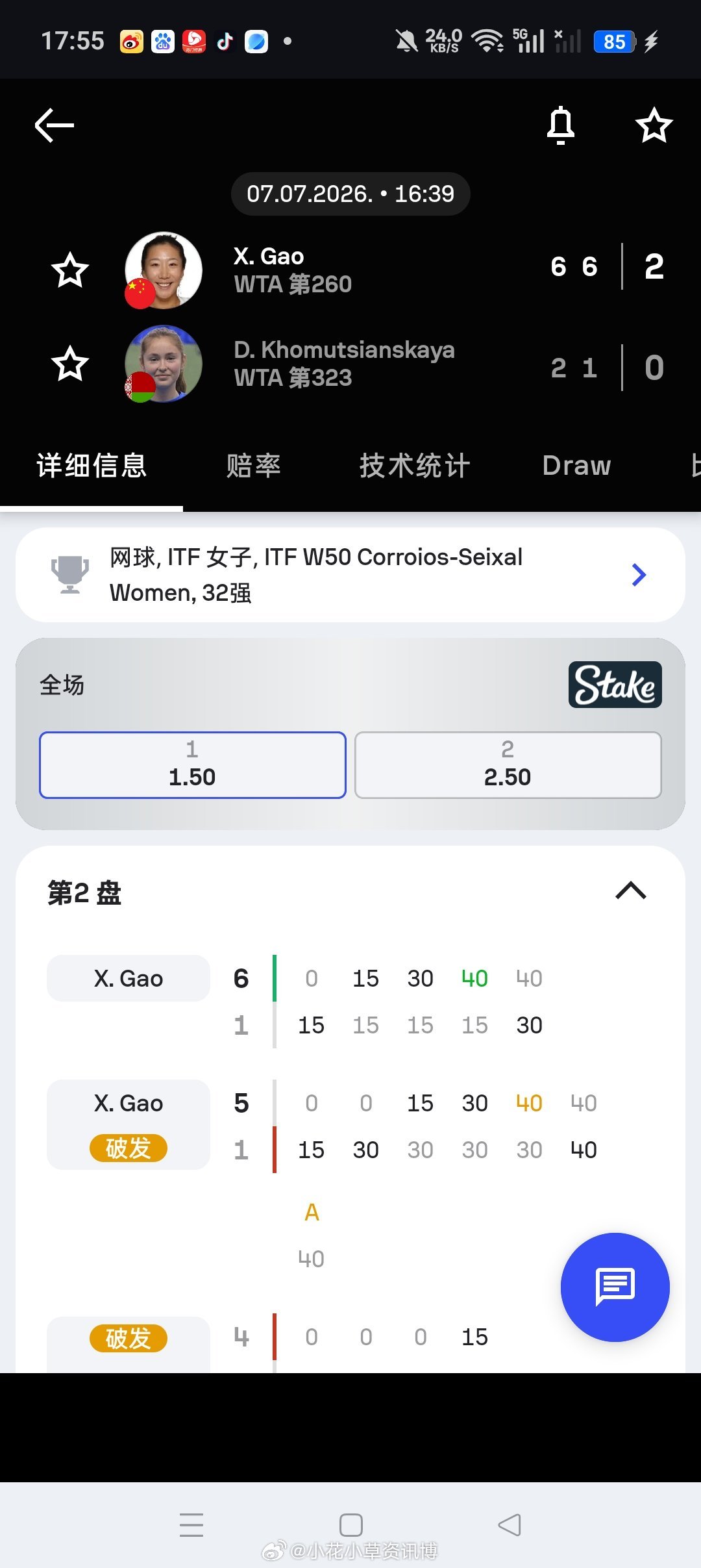 小花小草资讯【🇵🇹塞沙尔W50】女单正赛第一轮🇨🇳高馨妤6-26-1横