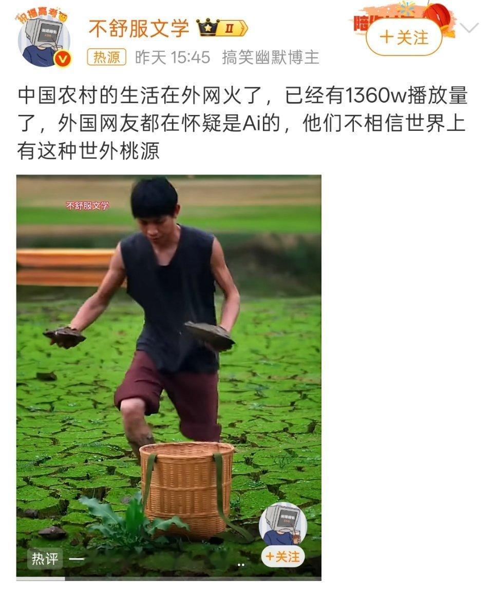 外国网友怀疑中国农村是AI图中这类视频都是自媒体专业拍摄的，滤镜有点用力过度。真