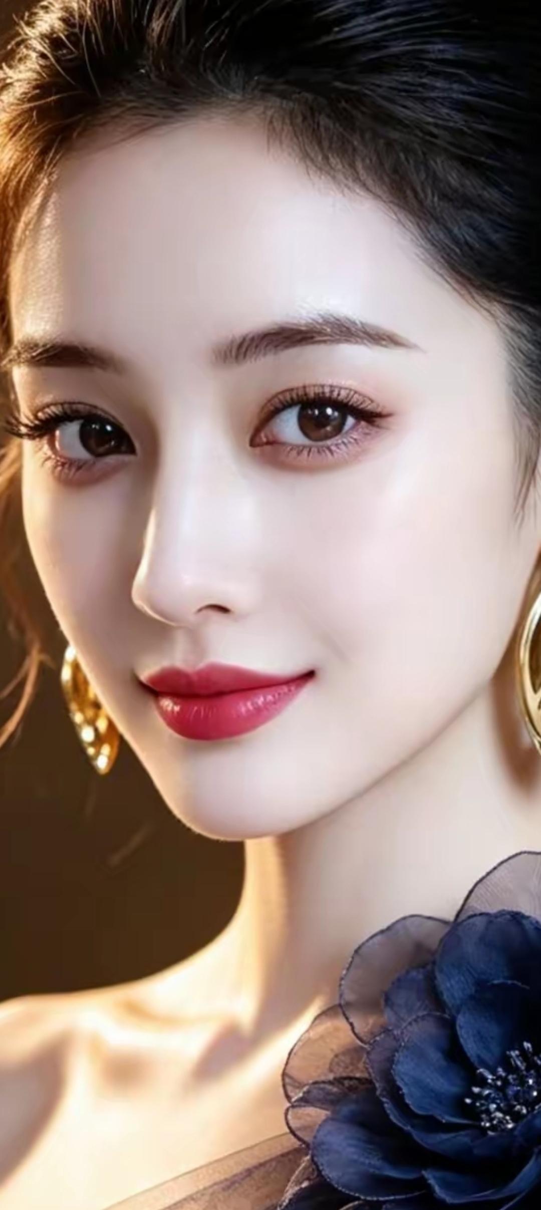 优雅气质，迷人眼眸，精致的妆容与华丽的耳环相得益彰，尽显女性魅力。