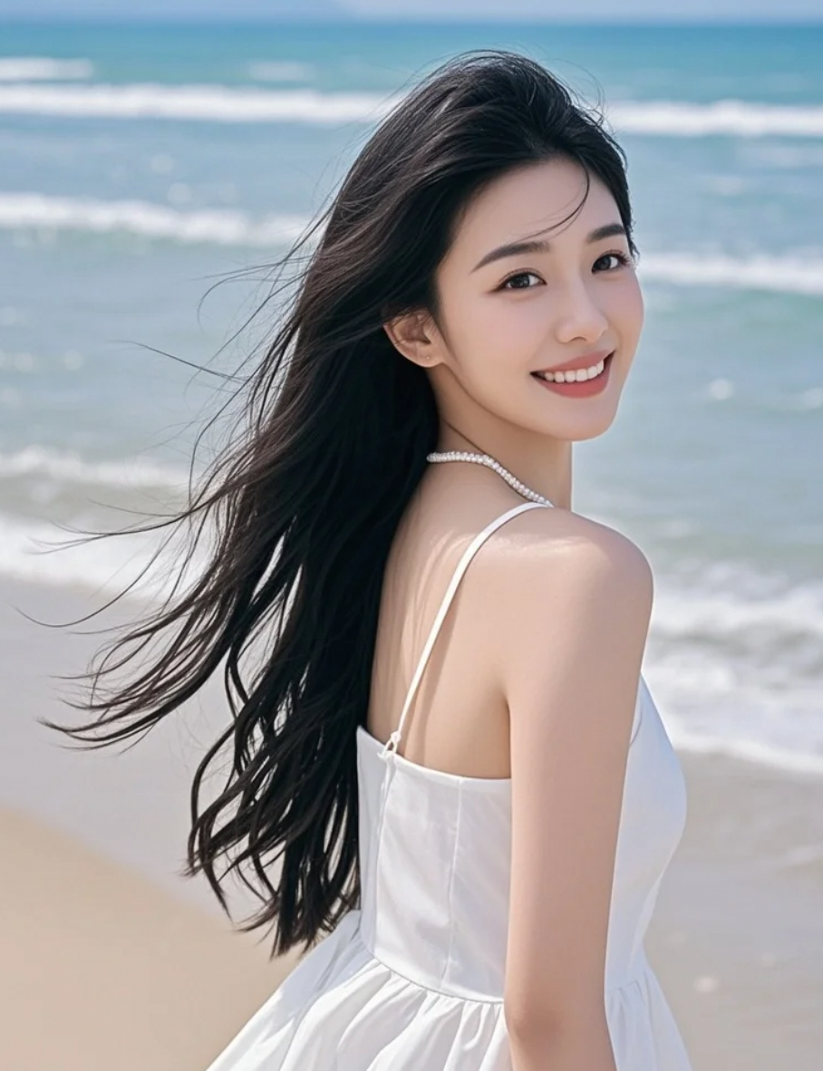 沙滩长发飘飘，阳光与笑容勾勒出浪漫的诗意画面