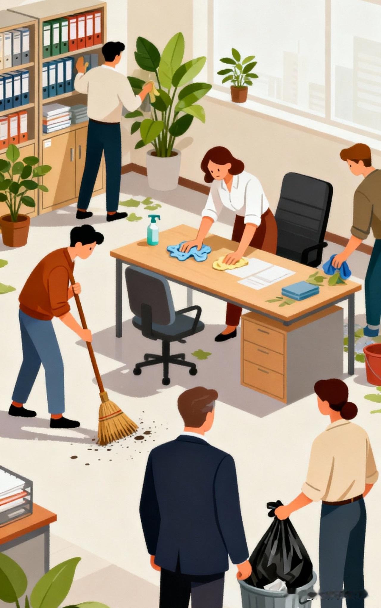 单位里打扫卫生，看人下菜碟。接待大领导时，地板擦得能照镜子。小领导来了，随便应付