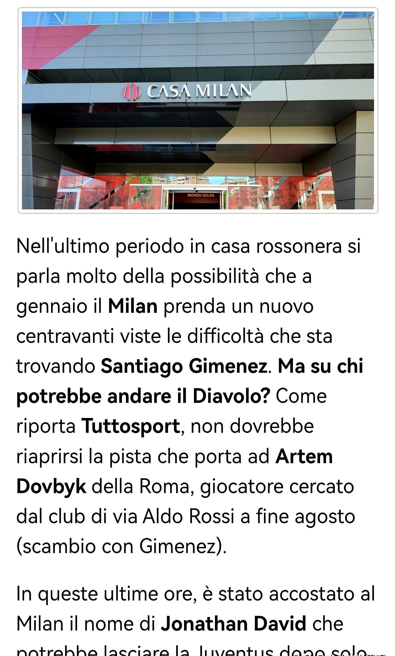 AC米兰冬窗锋线引援的风向变了——之前传的多夫比克基本没戏了。今年8月想用希门尼