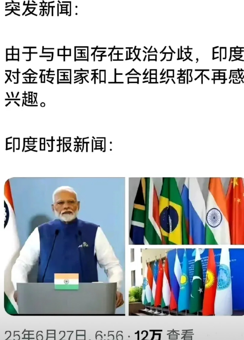 那你倒是赶紧退出啊！《印度时报》称，由于与中国存在政治分歧，印度对金砖国家和