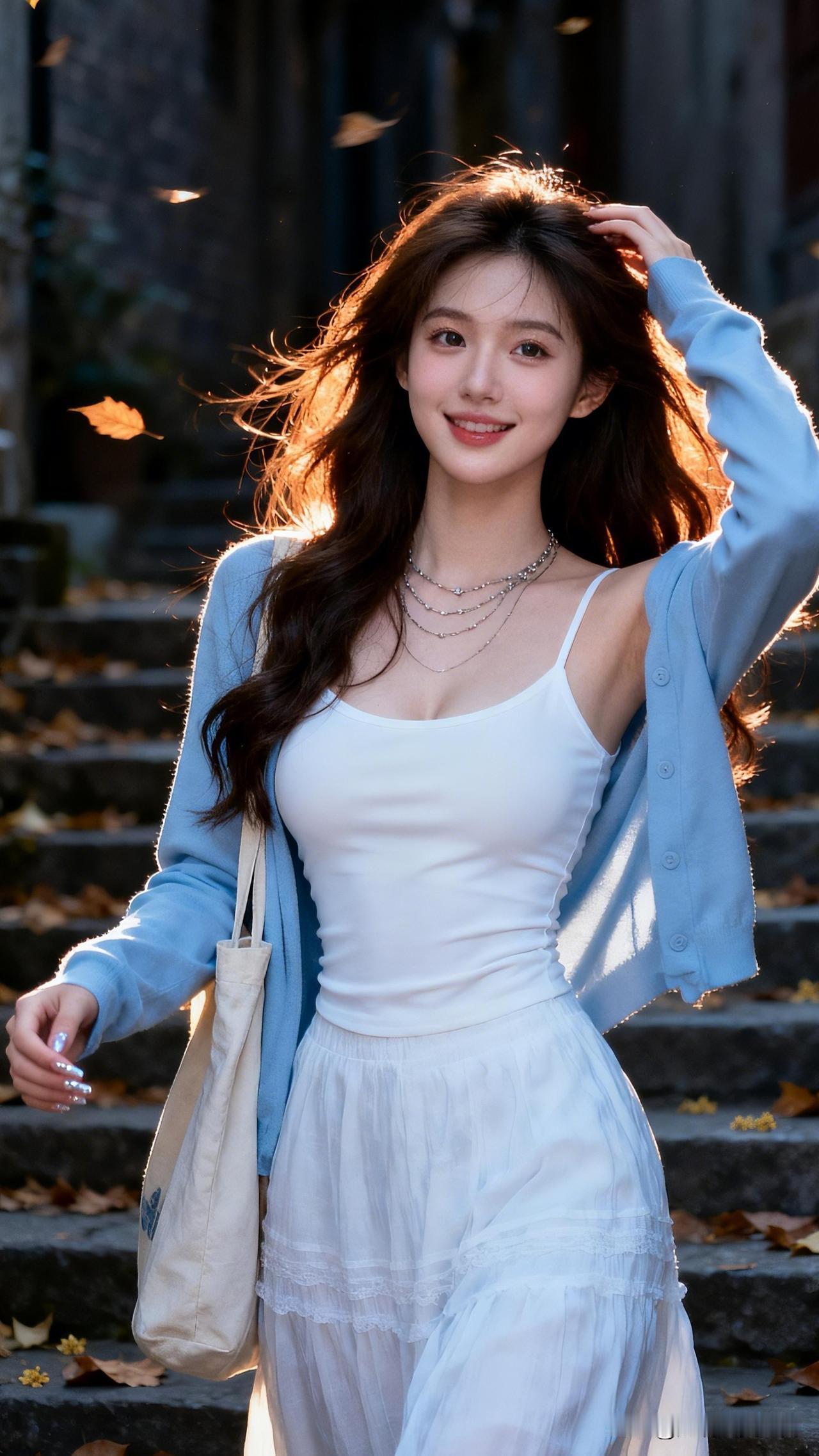 秋风起，落叶舞，美人笑。有哪些美女让人过目难忘？秋日暖阳下，少女漫步在落叶铺满