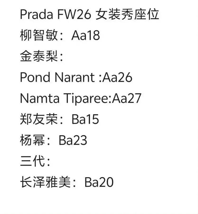 prada看秀座位来了柳智敏Aa18杨幂Ba23