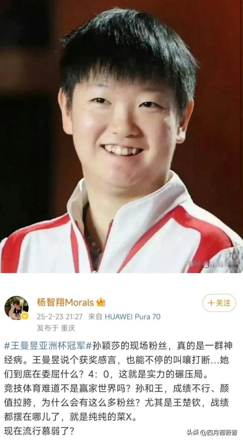 图一：知名歌手杨智翔对莎头的评论，认可他对粉丝的说法，但不认可他所说的“颜值”论