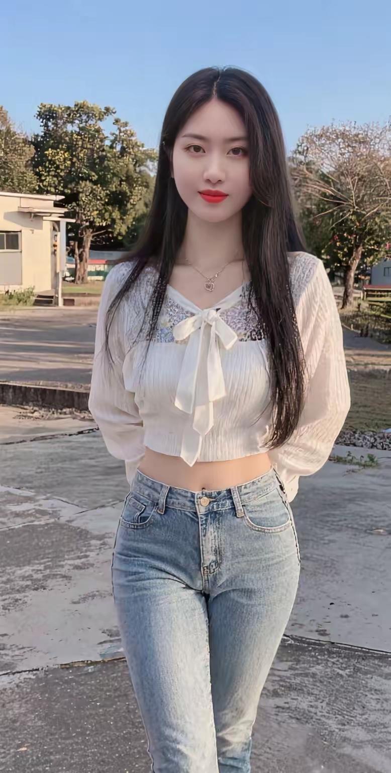 夏日清新穿搭，白色蝴蝶结上衣+牛仔裤，轻松自然，元气满满！