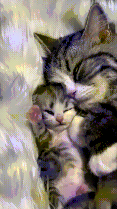 恁快瞅瞅这母子！小奶猫刚吃饱喝足，肚皮圆滚滚的，安安静静躺那儿不吱一声，眯着眼就