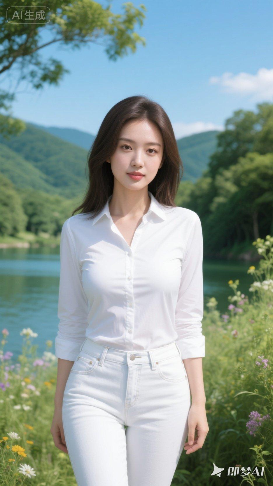 夏日清新穿搭，白色衬衫+牛仔裤，自然美景中的时尚少女