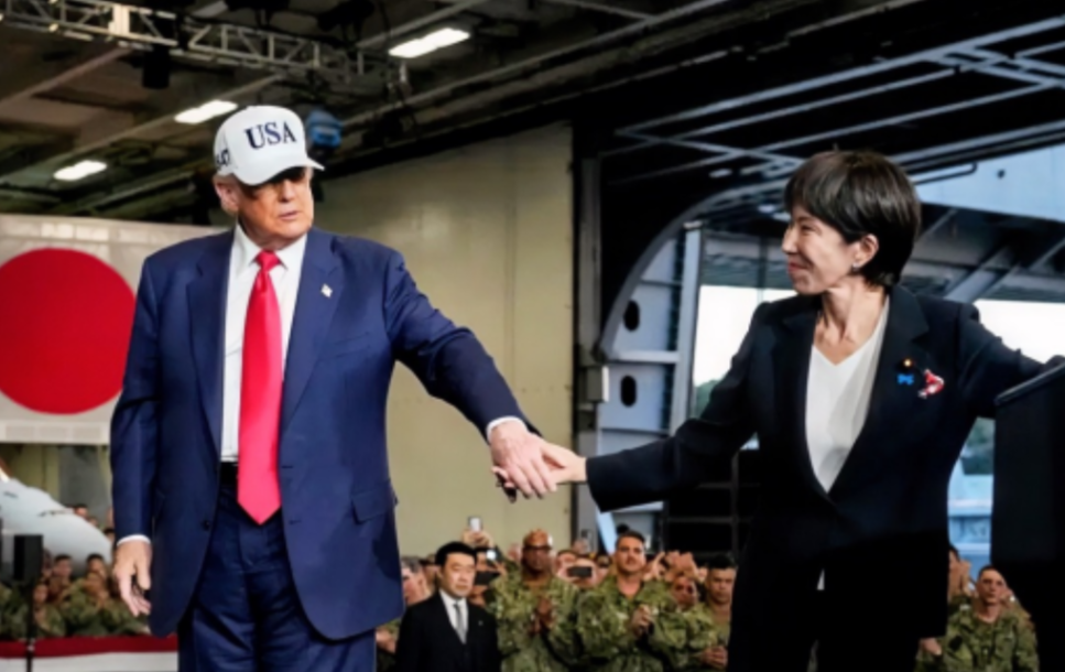 日本民众傻眼了!如果说日本首相和特朗普手拉手还可以理解,那么特朗普搂住她是什么意