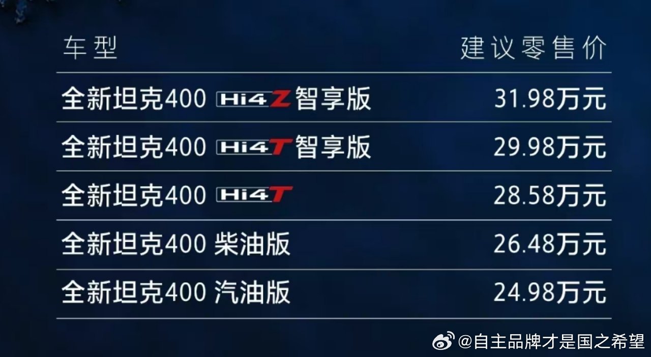 长城昨天发布新坦克400行业重点需求都配齐了价格30万上下应该说档次还是很高的外