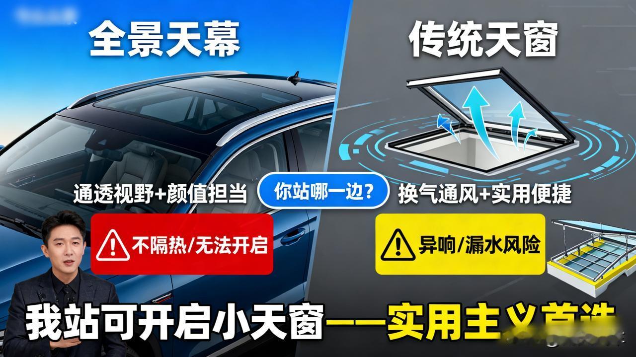 全景天幕VS传统天窗，你站哪一边？天幕：通透好看，但不隔热、打不开。天窗：能