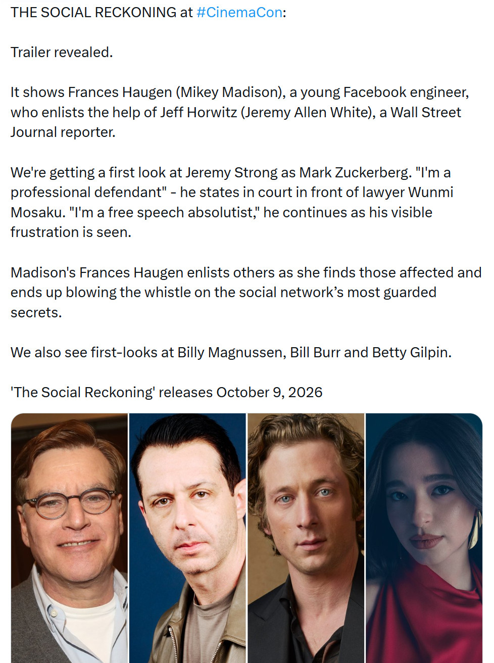 TNABO索尼在CinemaCon推介大会上展示了艾伦·索金“社交网络”续集《