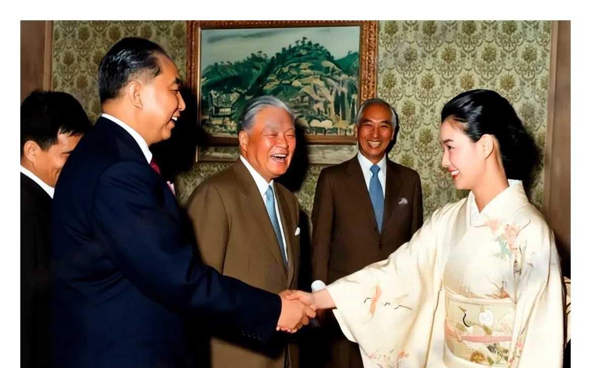 1980年5月31日，华主席访问日本，在答谢宴会上和日本演员中野良子握手。中野良