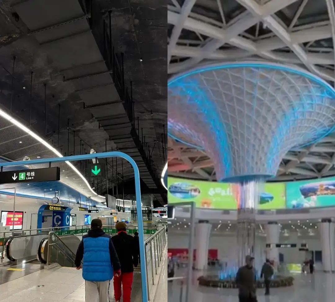 济南地铁3号线墙面只刷大白，青岛2号线却铺了整面石材还打暖光，网友把对比图往上一