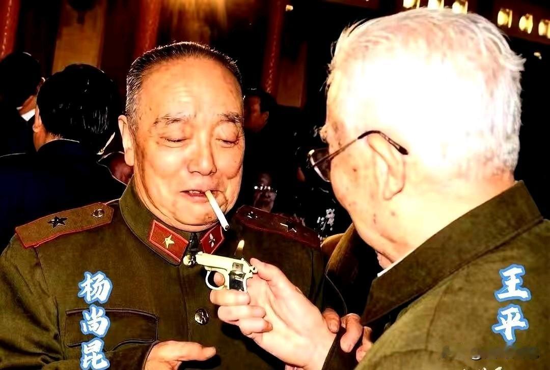 两位老将军的开心一刻，会议间隙，杨尚昆摸出了一根烟放在嘴里，一旁的王平见状，马上