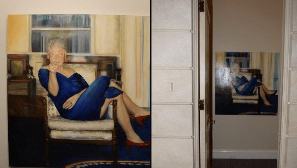 美国司法部新公布的爱泼斯坦档案他的房子里中出现了一幅前总统比尔·克林顿身穿裙子