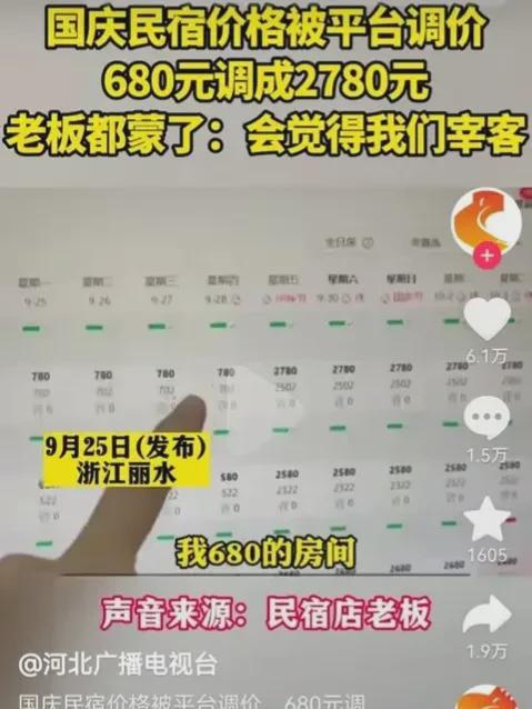 浙江丽水，一民宿老板吐槽，680元一间的房间，国庆期间，平台竟然涨到2780？简