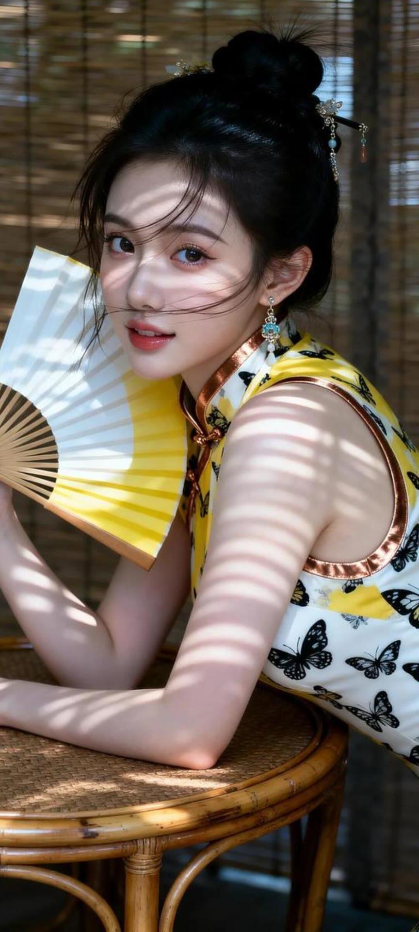 夏日风情，蝴蝶翩翩，复古旗袍，优雅姿态