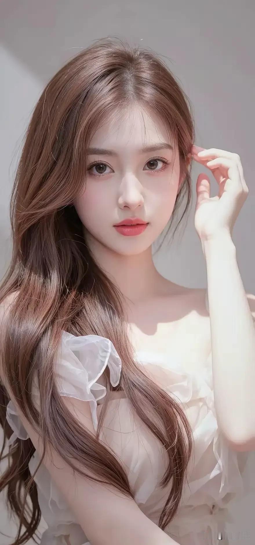 光之影&AI温柔甜美的少女，浅棕色长发，白皙肌肤，穿着白色荷叶边连衣裙，轻抚发