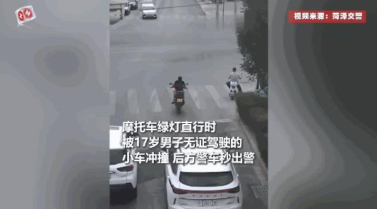 “电视剧都不敢这么演！”近日，宁夏，一辆摩托车在绿灯正常通过路口时，却被一辆轿车
