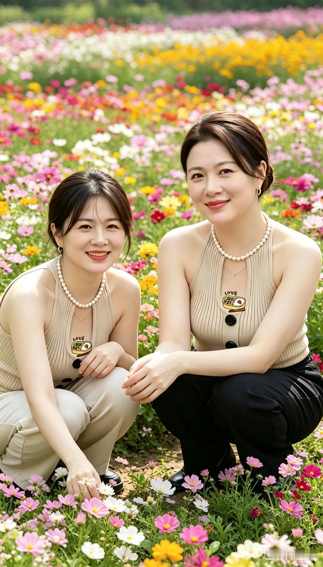 七言绝句花园繁花满园春，姐妹同观鲜花柔。浅笑临风心境爽，花园闲趣乐悠