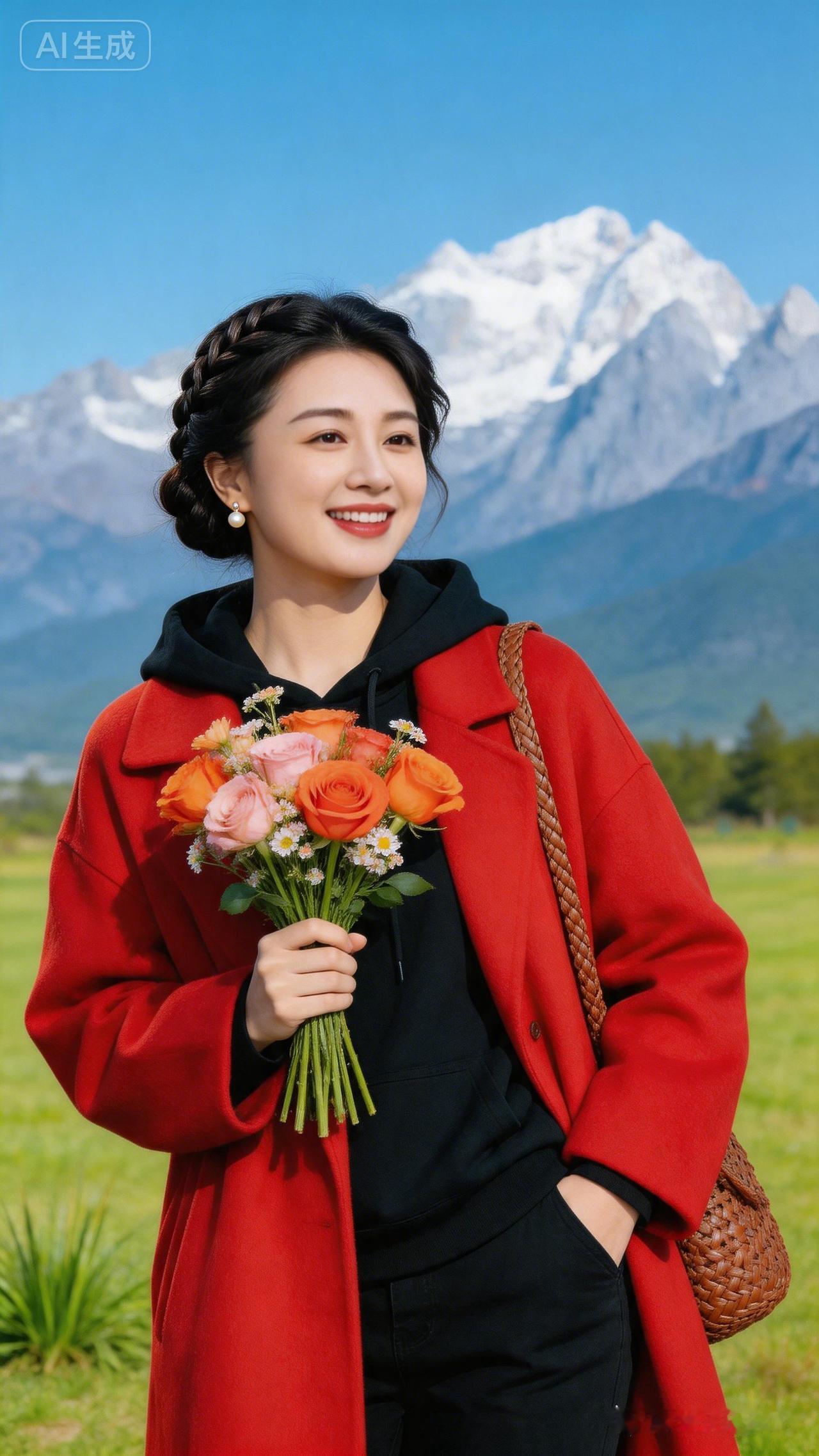 雪山下的浪漫野餐，手捧鲜花，心旷神怡！🌸🏔️