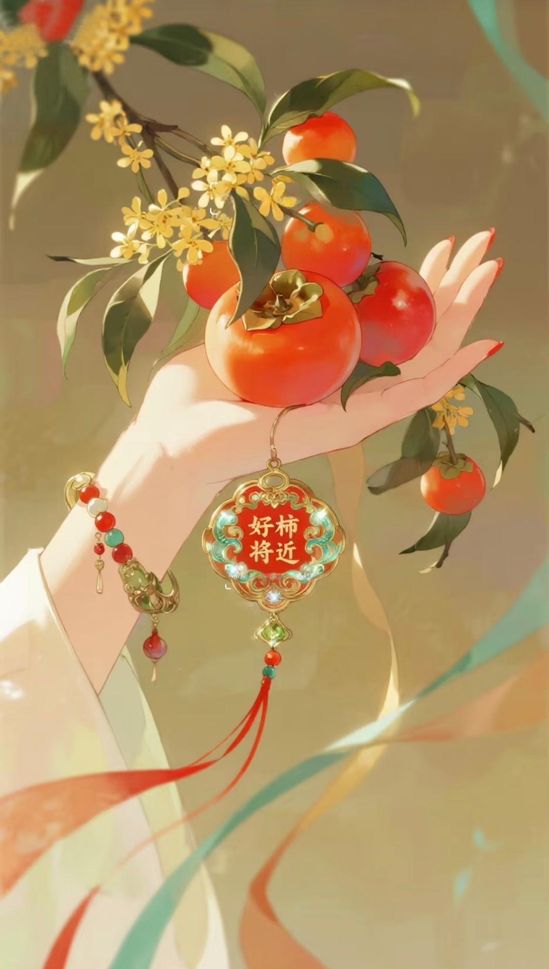 掌心托柿承佳运，阖家安康万事兴。好柿将近，手捧秋日暖阳与桂香，愿所有好运都如约