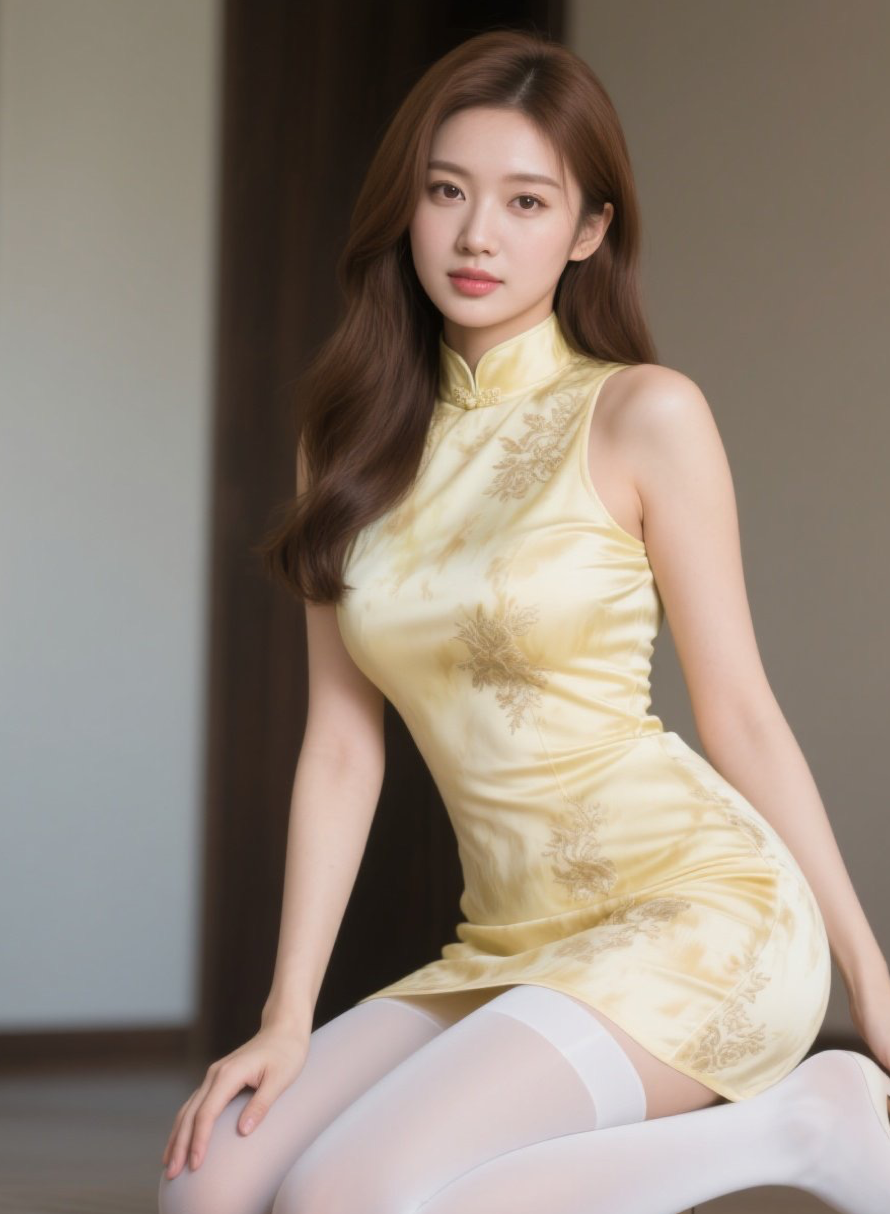 紧身裙下白丝诱惑，长腿美女跪坐风情