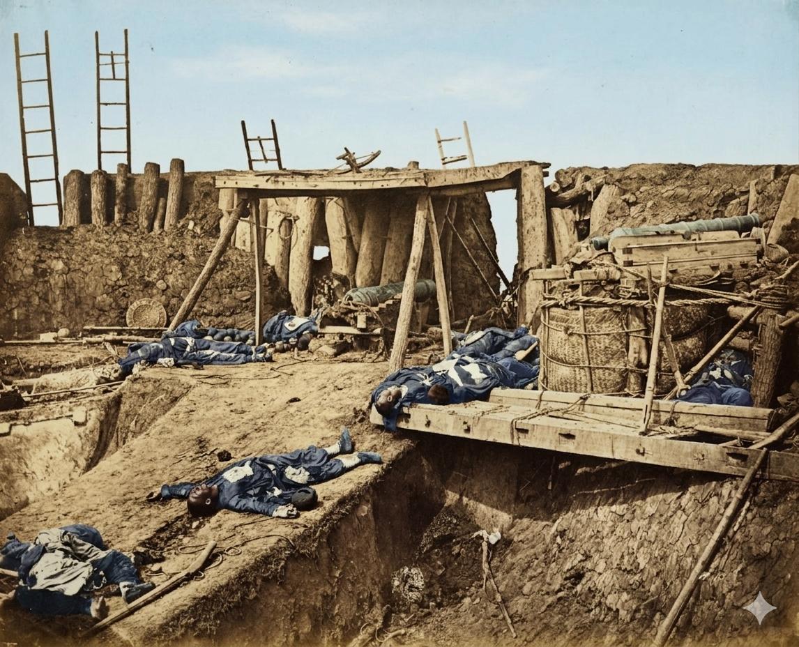 1860年的大沽口炮台，大沽口炮台工事已被炮火摧毁，木质支架、土筑城垣破损不堪，