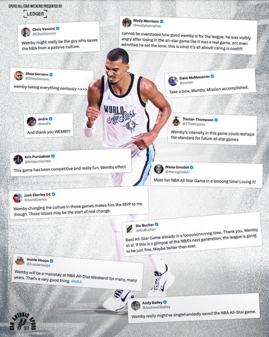 文班状态不佳，但仍有5个盖帽，正负值全队最高，防守端就是无敌的存在！马刺逆转猛