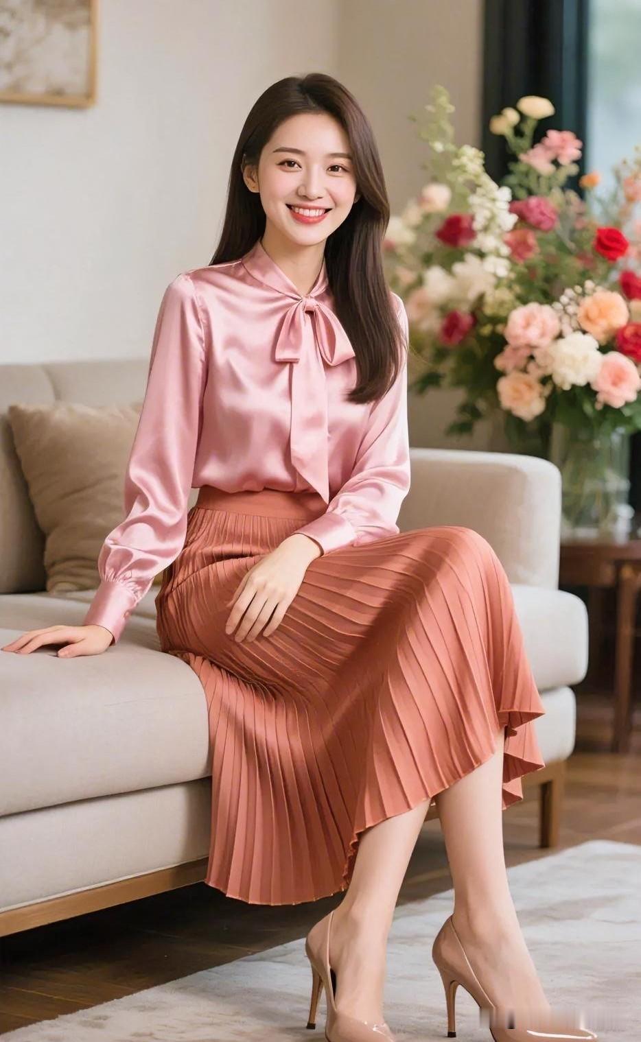 柔粉缎面映花影，百褶裙曳生姿。温婉浅笑间，优雅自成诗行。