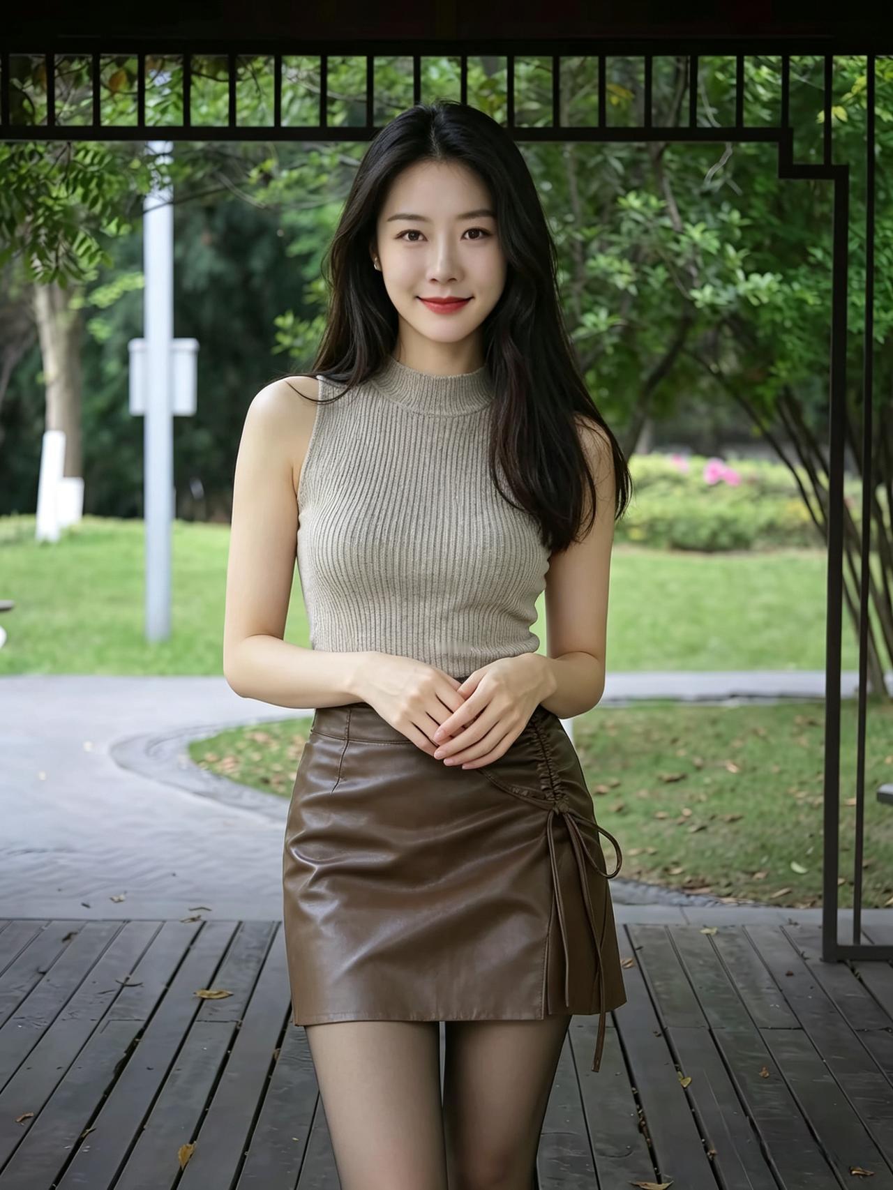 园林晴色染烟光，绝代佳人立画廊。长发垂肩云鬓软，朱唇点露齿痕香。冰肌半露清容