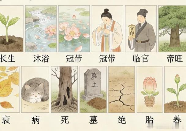 八字专批十二长生含义：1.长生:初生萌芽，生机始发，起步顺利2.沐浴:稚嫩易损，桃花杂乱，易犯错破财