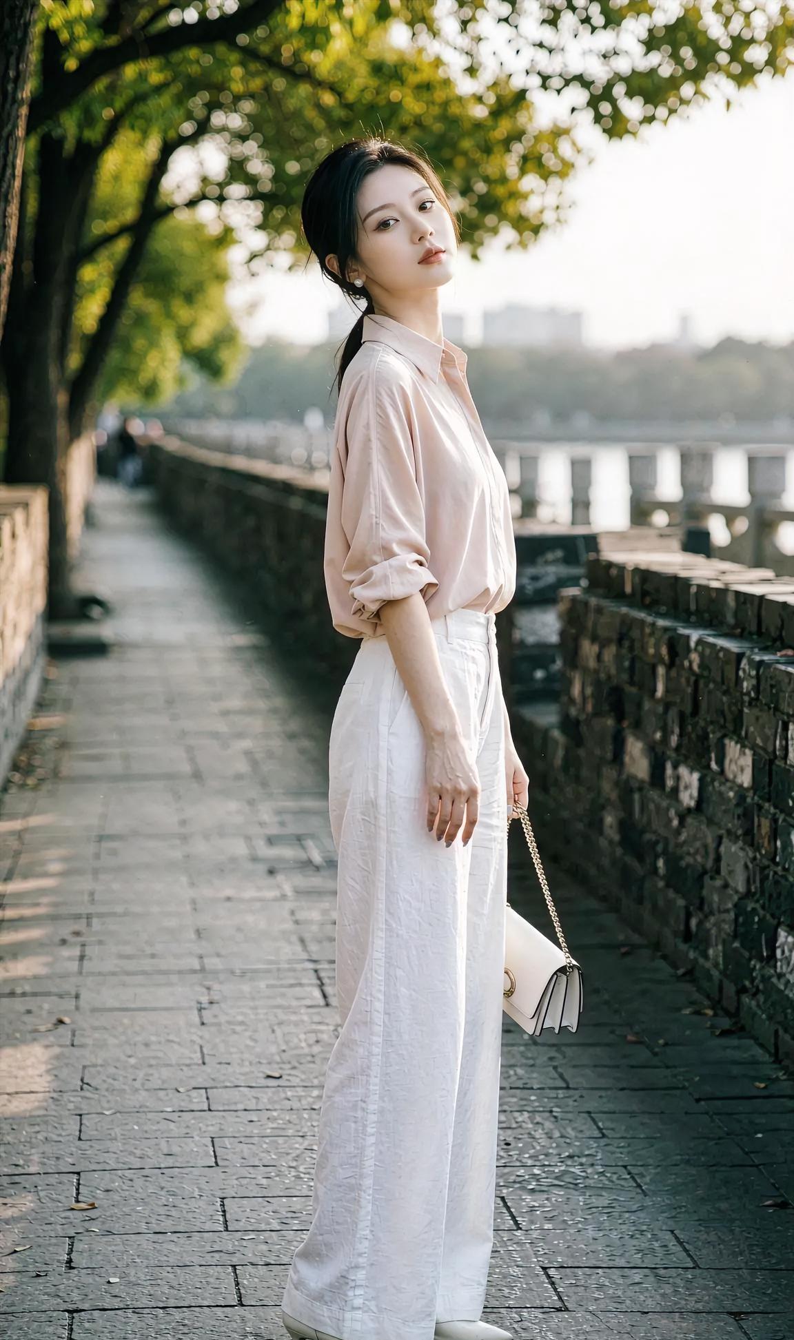 河畔微光河畔长堤，树影婆娑，你着浅粉与白，迎着暮光。微风轻挽发梢，