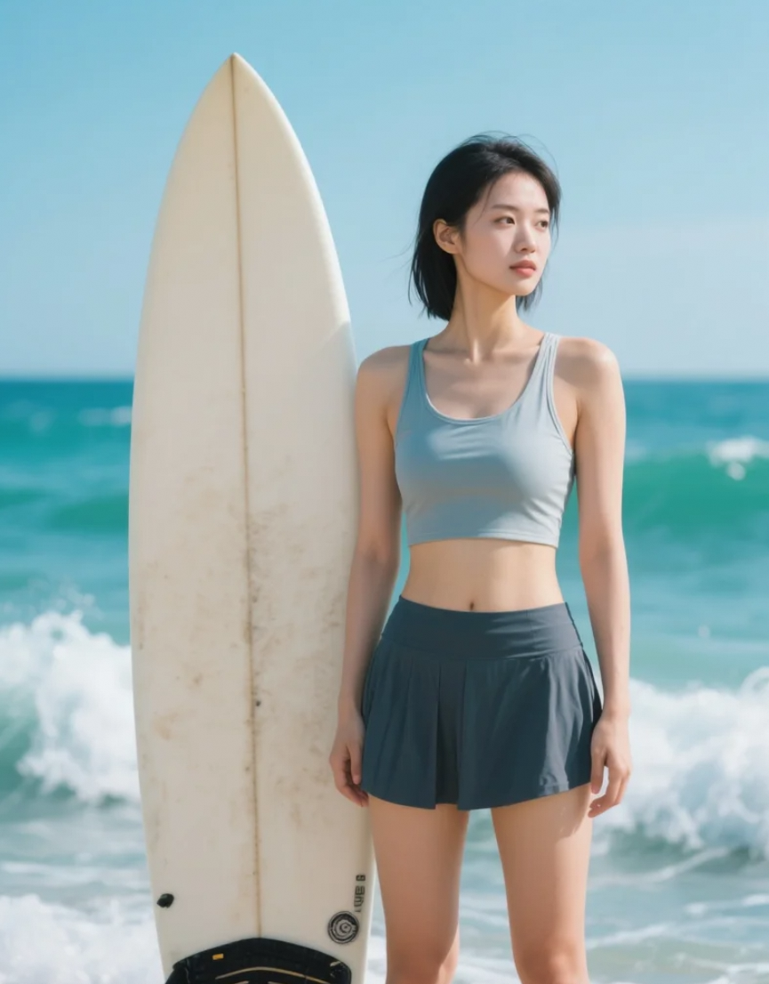 冲浪板旁的亚洲美女，展现健康阳光的运动美