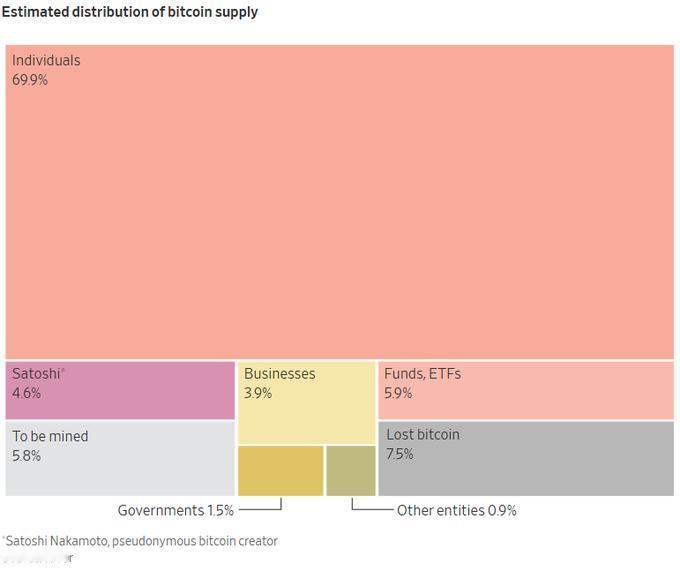 比特币的分布，据估计，中本聪（创始人）拥有4.6%，而7.5%遗失了（应该是