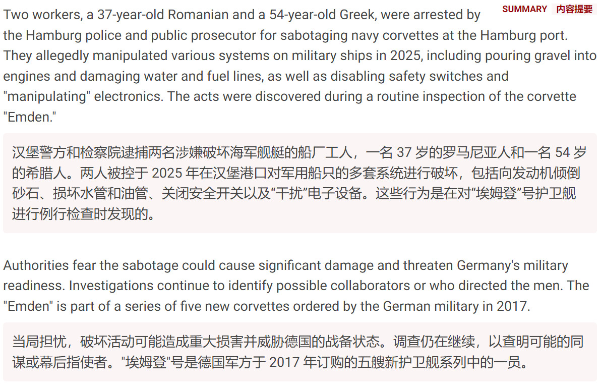🔻德国汉堡总检察院宣布，因涉嫌企图破坏一艘为德国海军建造的舰艇，已对两名男子执