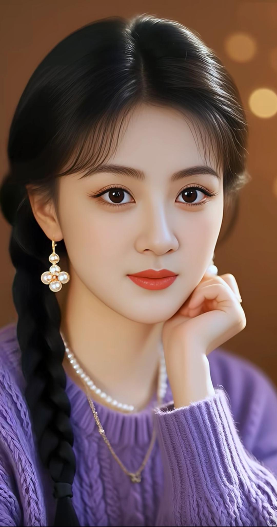 温柔甜美的少女，紫色毛衣搭配珍珠项链，气质出众！高雅气质美女美女人像群