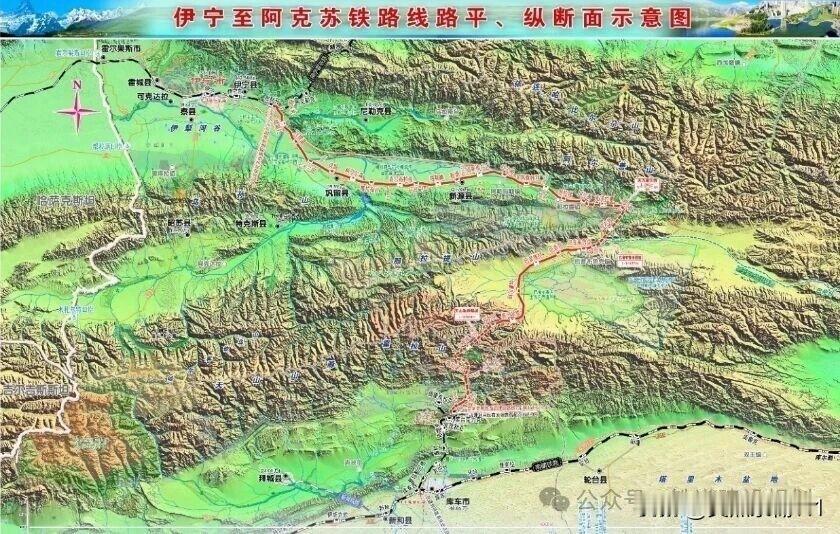 伊宁至阿克苏铁路线路详图：新建伊宁至阿克苏铁路起自既有精霍铁路伊宁站，利用精