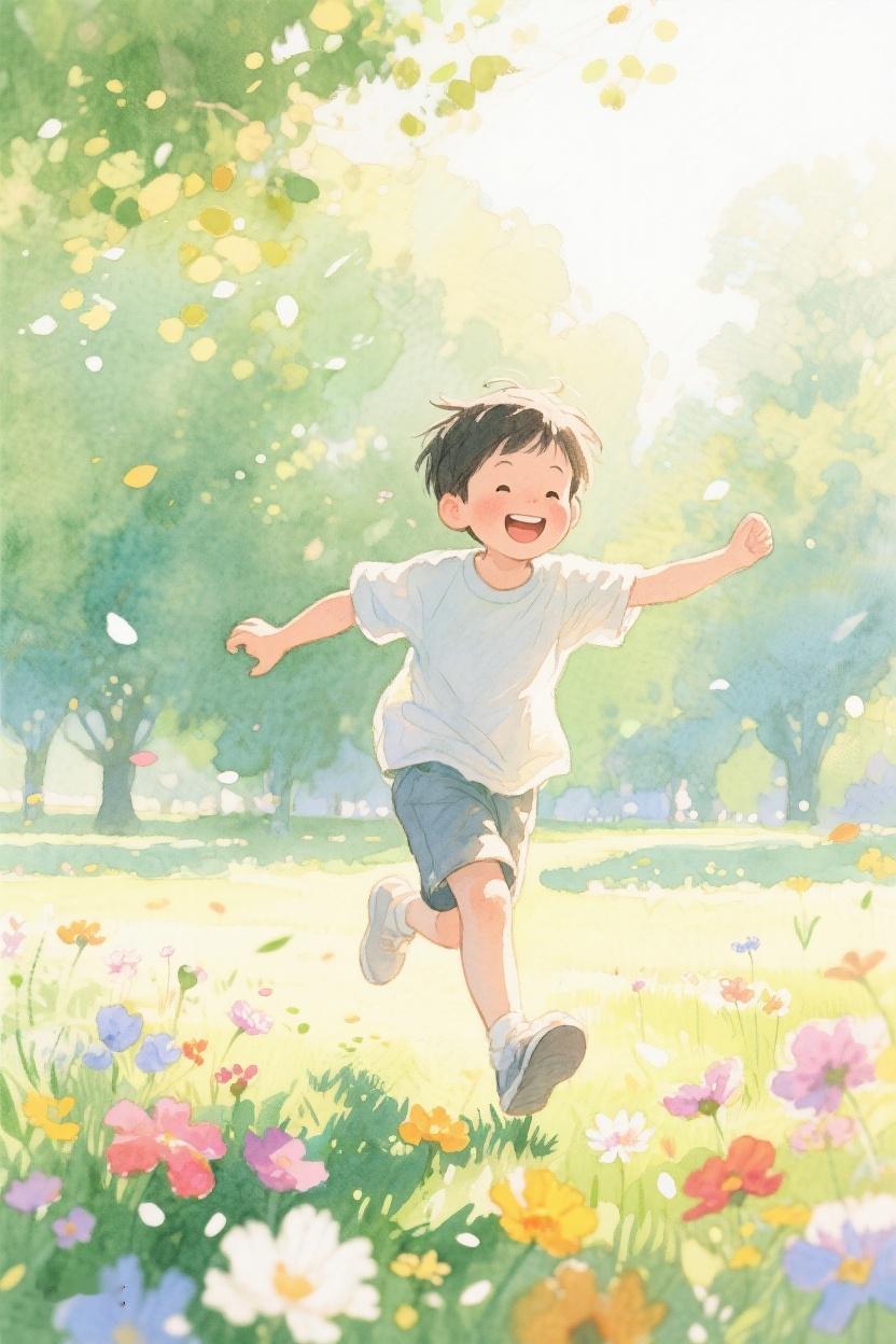 AI随心绘在繁花簇拥的天地，孩童自在奔跑，似在追寻风里的梦，那是无拘无束的自由呀
