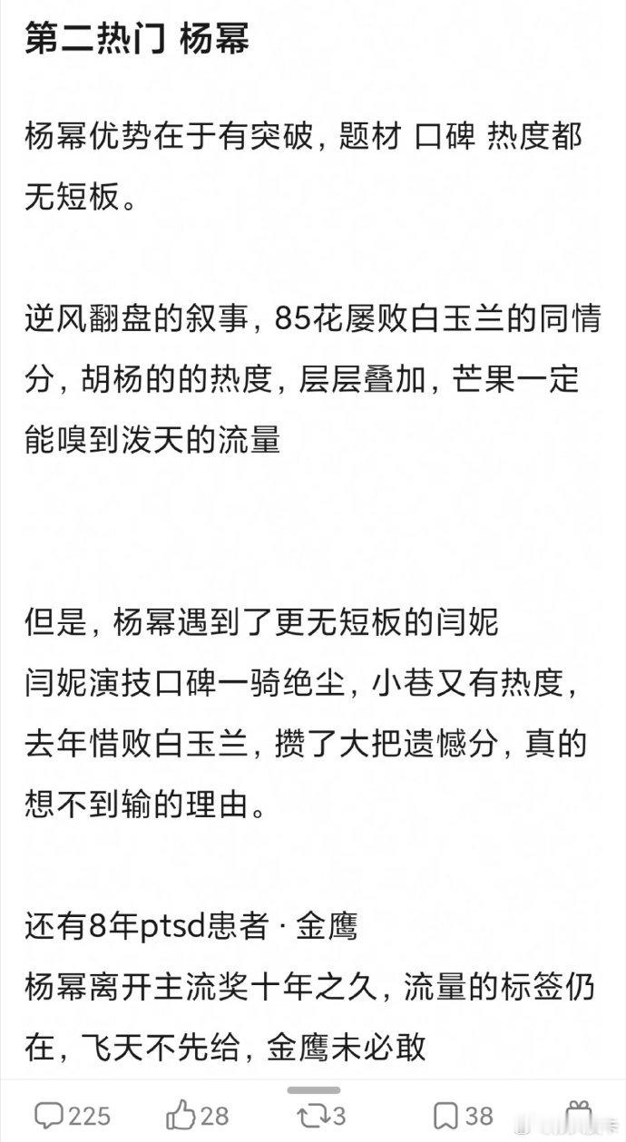 网友分析这届金鹰奖视帝/视后大热候选人各自的优劣势视后：闫妮、杨幂、宋佳、杨紫、