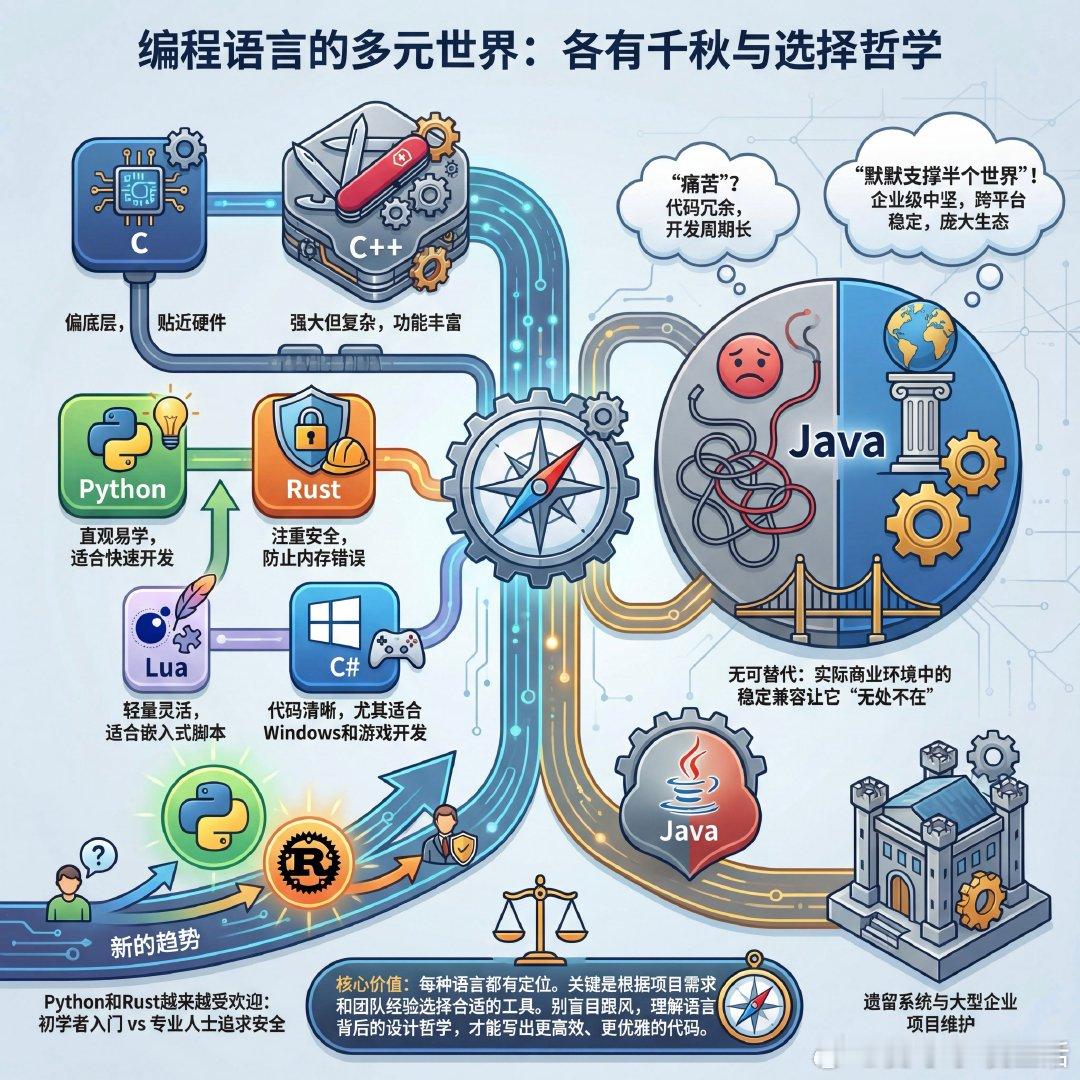 编程语言各有千秋，适合不同需求和场景：C偏底层，贴近硬件；C++强大但复杂，功能