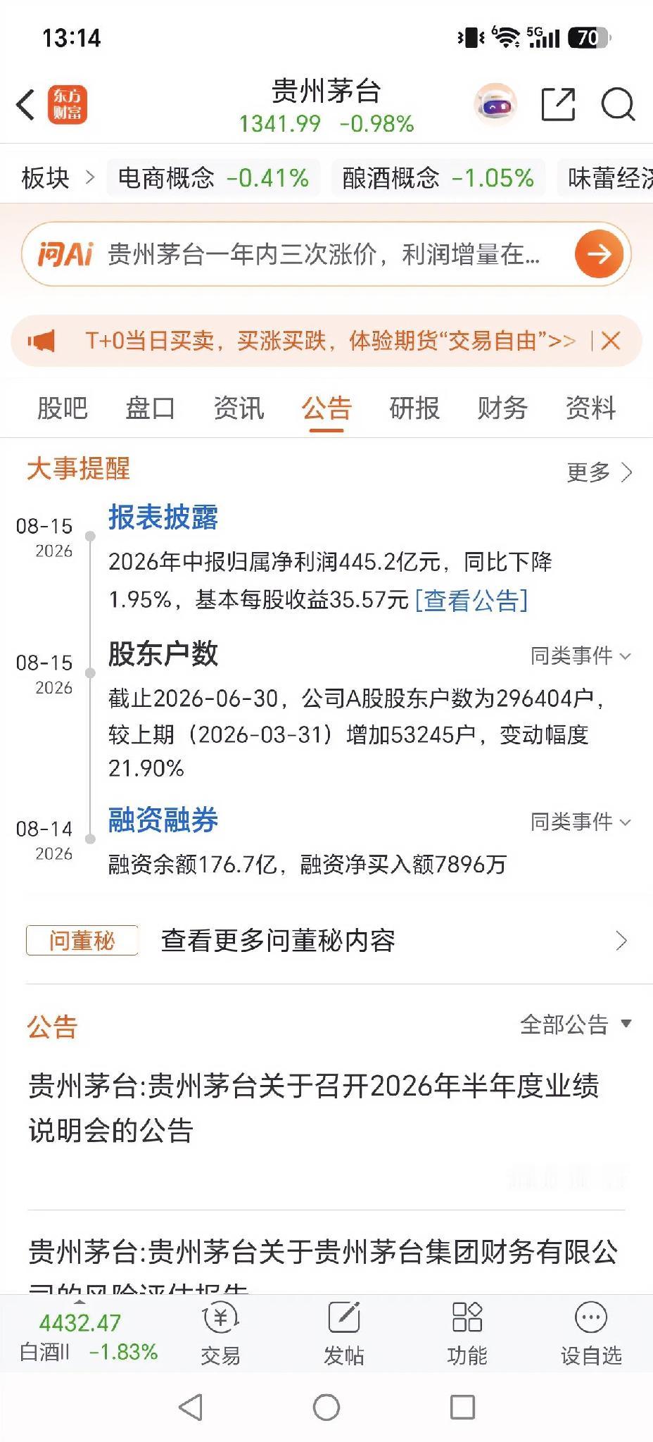 底部利空是利好！当周末白酒板块龙头贵州茅台发布2026年中报归属净利润445