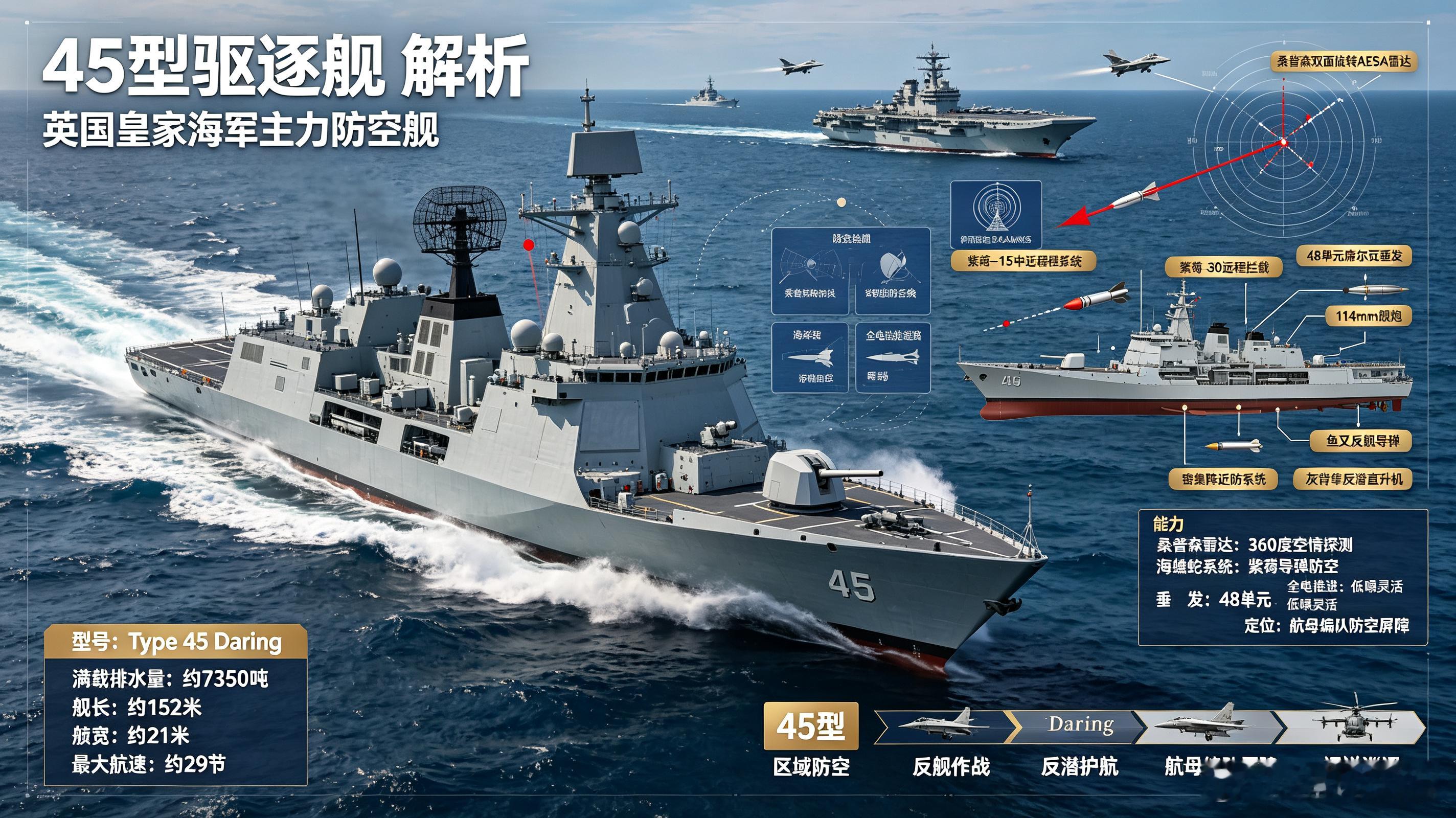 每天认识一件兵器英国45型勇敢级是皇家海军现役主力防空驱逐舰，满载排水量约735