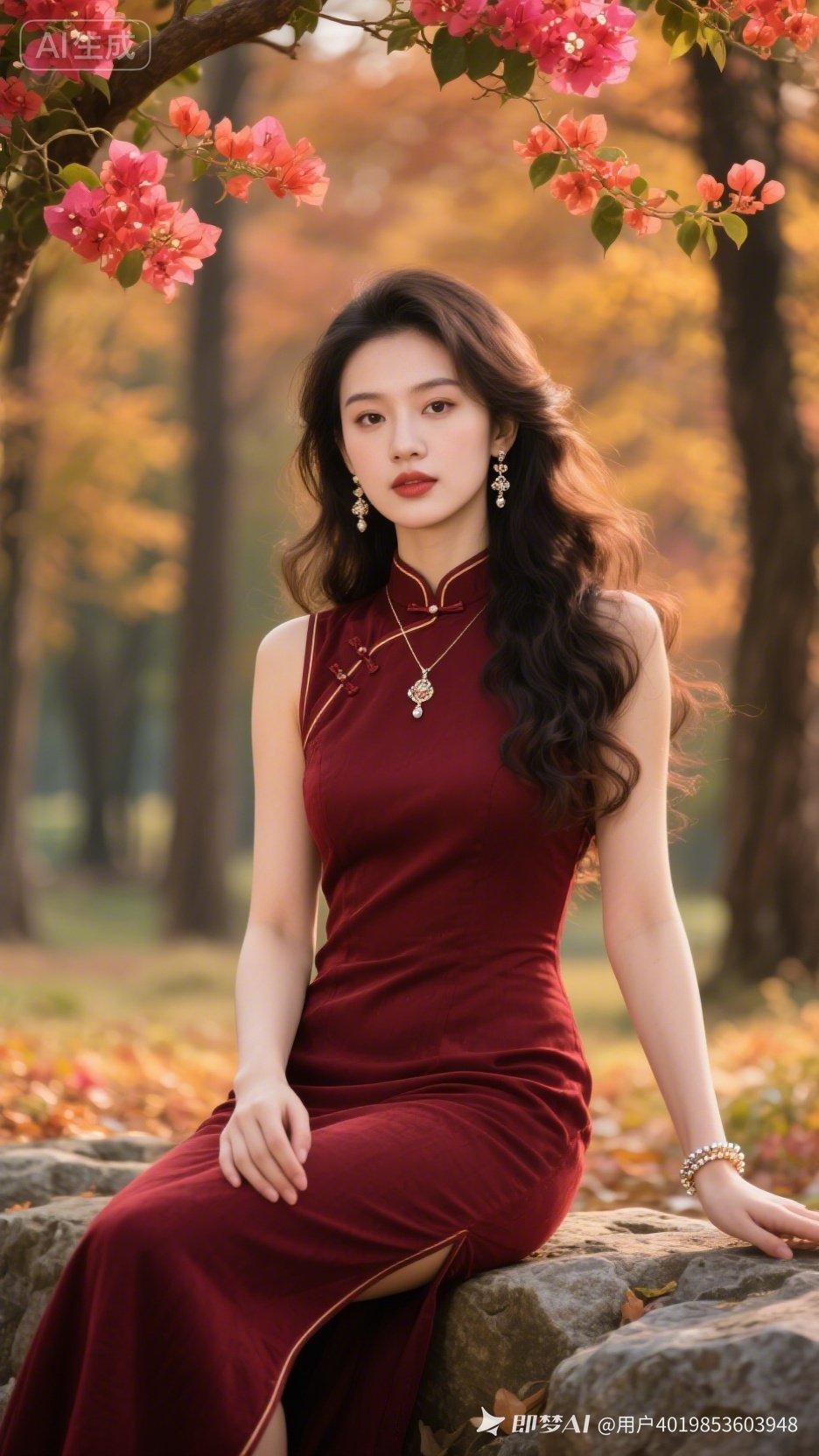 秋日暖阳下，红衣美人倚石而坐，花影婆娑，如诗如画。