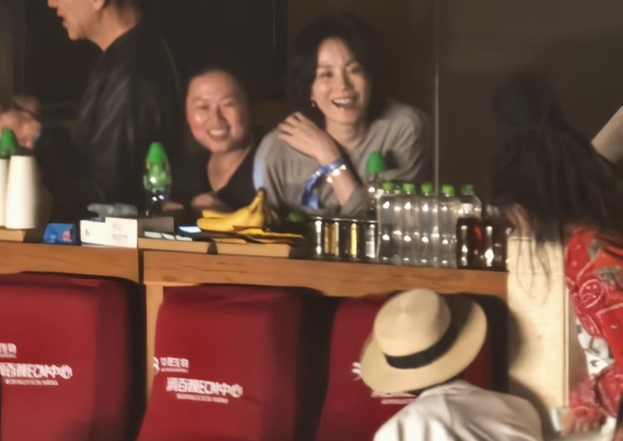 57岁王菲现身那英演唱会，拿着荧光棒挥舞陶醉其中，罕见露出小女生的一面，旁边是李