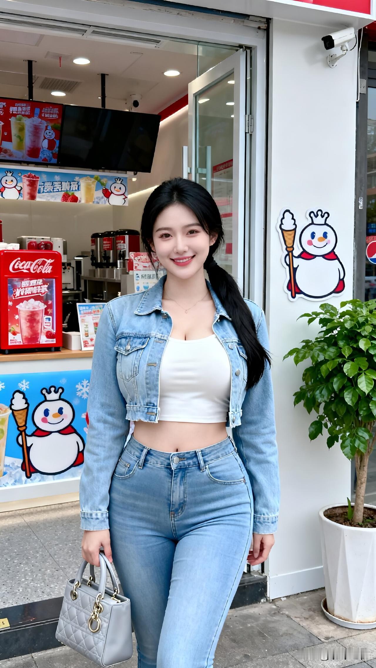 蜜雪冰城门口偶遇神仙颜值小姐姐，牛仔穿搭也太绝了！逛街边买蜜雪冰城，一抬头