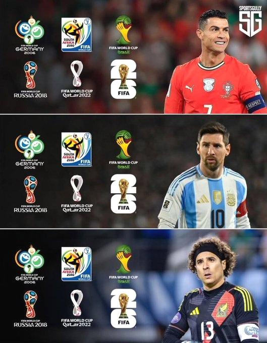 连续6次参加世界杯，只有三名老将。葡萄牙C罗，球王级别。阿根廷梅西，足坛