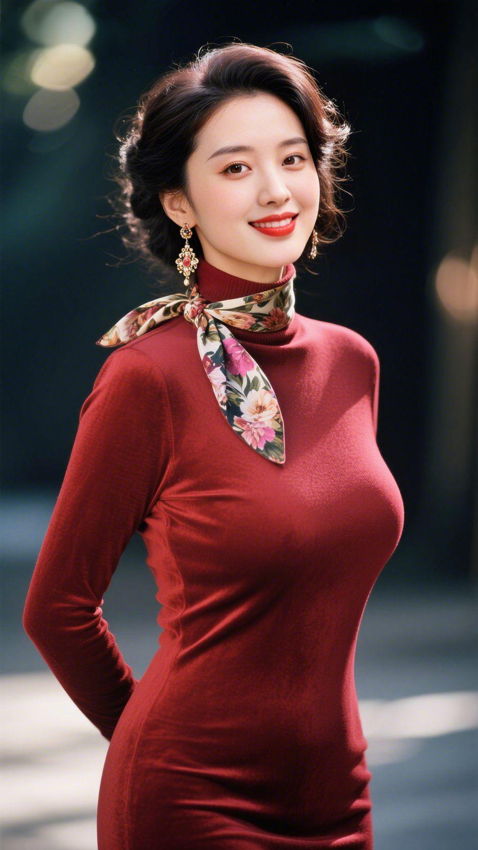 绛红裙间的柔韵暮色裹着柔光时，她身上的绛红裙像晕开的晚霞——绒面浸着温软的